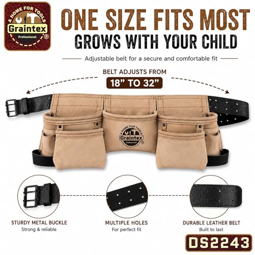 Graintex DS2243 :: 9 Pocket Children Tool Belt Beige Color Suede Leather, Kids Real Tool Belt, Boys and Girls Tool Apron for Home Improvement, 1.1/2" Leather Belt, Hammer Loops 9 Pockets