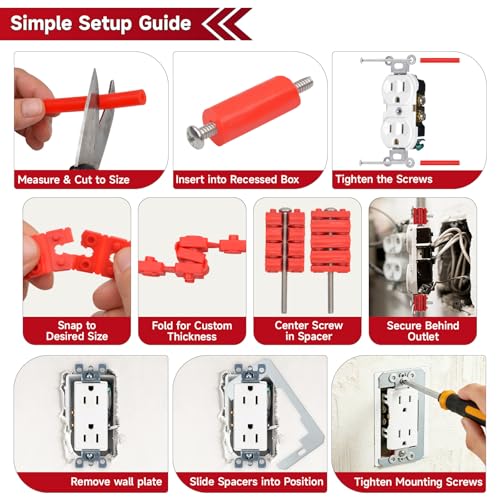 52PCS Outlet Spacer Kit -24 Stackable Spacers - 6 Metal Shims - 6 Cut-to-Size Tubes -16 Long Screws - Perfect Receptacle Shims for Fixing Loose -Sunken or Misaligned Electrical Outlets & Wall Switches Fiery Red