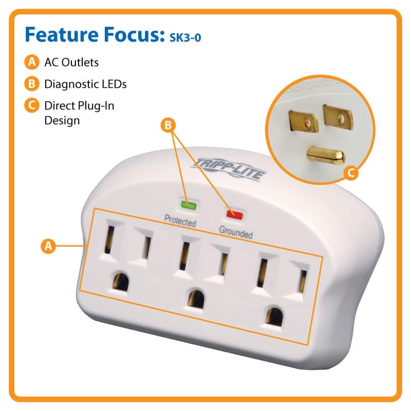 Tripp Lite 3 Outlet Portable Surge Protector Power Strip, Direct Plug In, $5,000 INSURANCE (SK3-0), Apple, Grey