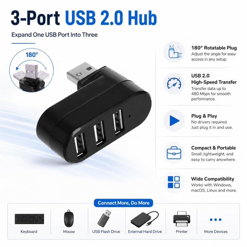 3-Port USB Hub Splitter Adapter Rotating Compact Plug and Play Swivel Design No Battery Required for Laptops PCs Travel, Black