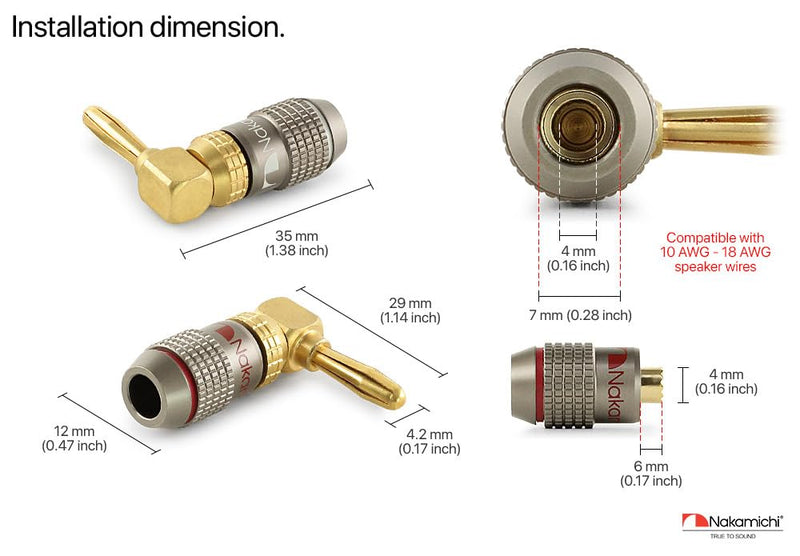 Nakamichi FanLock Excel Series 24k Gold Plated Right-Angle 90 Degree Banana Plug 10 AWG - 18 AWG Gauge Size 4mm for Speakers Amplifier Hi-Fi Home Theatre Wire Cable Quick Connector, 12 Pcs (6-Pairs) 12 Pcs (6-Pairs)