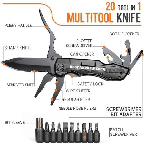 Nephew Gifts from Auntie, Multitool Knife, Gifts for Nephew, Nephew’s Christmas Practical Gift, Nephews Birthday Present, Gift for Camping, Hiking, Fishing, 20 in 1 Multitool Black MULTITOOL SET (Engraved BEST NEPHEW+9-in-1 Screwdriver)