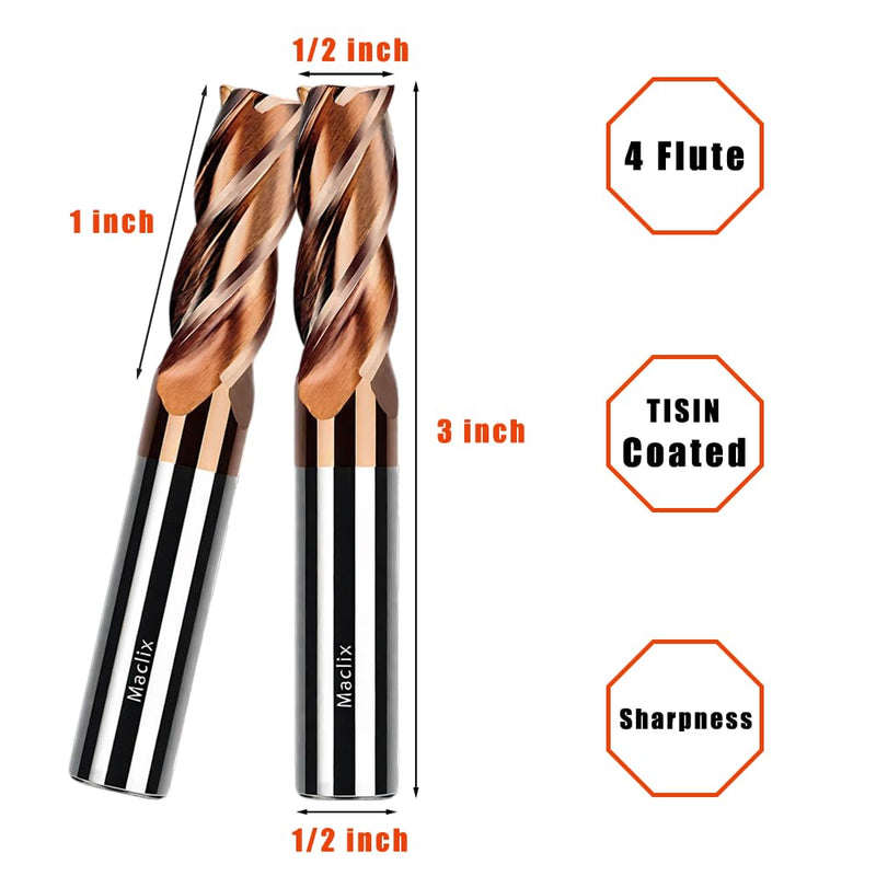 2pcs 1/2" Carbide End Mill Bits Set - 1/2" Diamter,3'' Overall Length - 4 Flutes Milling Bits for Alloy Steels, Hardened Steels, Copper, Cast Iron 1/2 inch