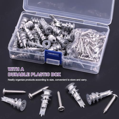 Swpeet 120Pcs Heavy Duty Zinc Self Drilling Drywall Anchors with #8 x 1-1/4'' Screws Kit, No Pre Drill Hole Preparation Required - Self-Tapping Drywall Anchors for Hanging and Mounting Zinc Self-Drilling Drywall Anchors with Screws