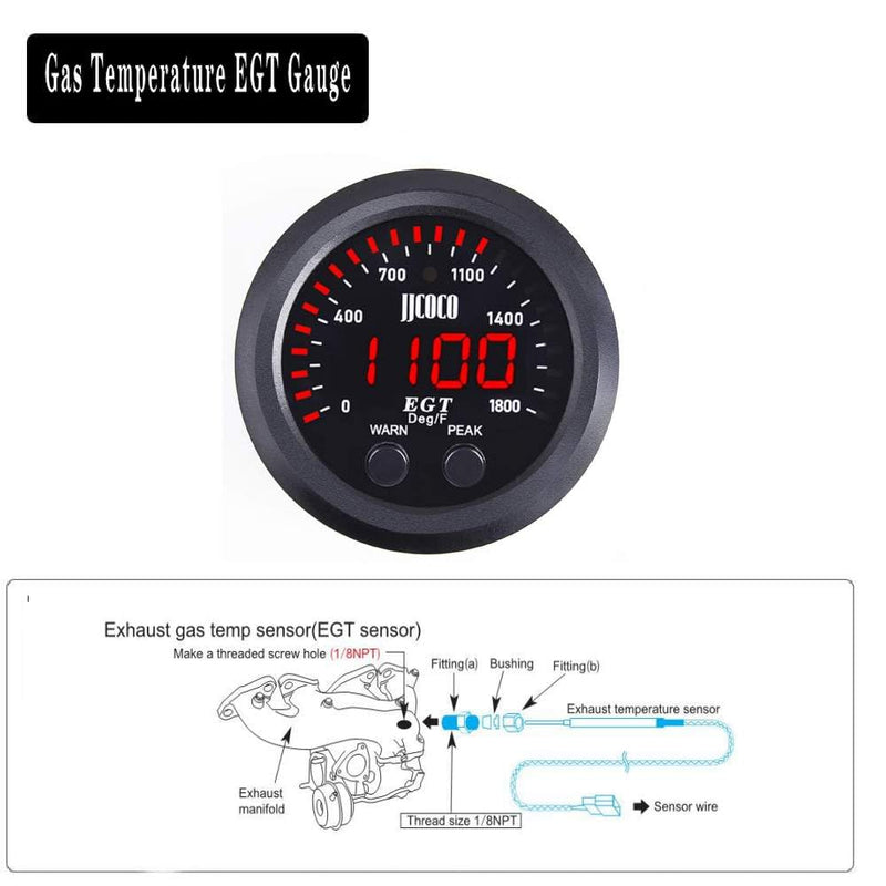 Exhaust Gas Temperature EGT Gauge Kit 2‑1/16in 52mm Ultra Thin 0‑1800℉ Red LED with Sensor and Dashboard Pod