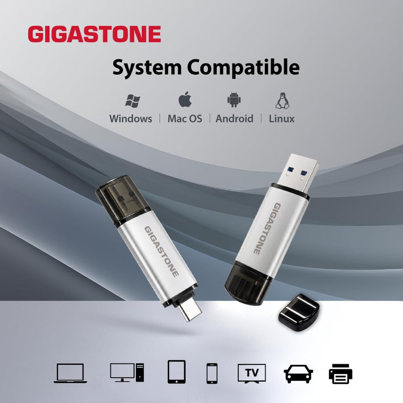 GIGASTONE 64GB Dual Flash Drive (2 Pack) V40S USB 2.0, 2-in-1 Type-A & Type-C, High Speed, Head Cap Design, Plug & Play for Smartphone/PC/Mac/TV/Car Audio