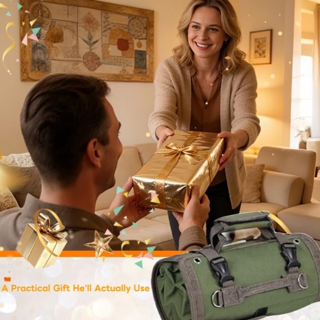 Tool Bag Roll Up Portable Tool Roll Organizer-Gifts Dad Roll-Up Tool Bag Pockets for Wrenches, Sockets & Hand Tools for Mechanics & Electricians Handyman Khaki