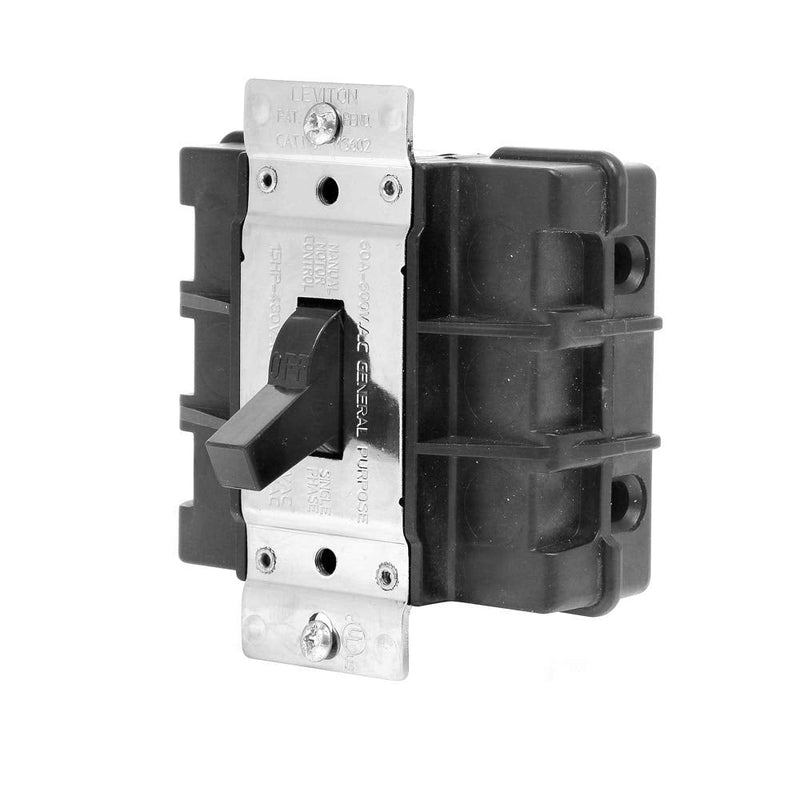 Leviton 60 Amp, 600 Volt, 2-Pole, Single Phase Single Throw, AC Manual Motor Controller, Standard Toggle, Industrial Grade, Non-Grounding, Back Wired, MS602-BW, Black