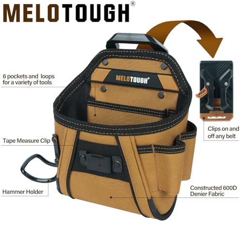 MELOTOUGH Electrician Tool Belt Pouches with Belt Clip Utility Tool Organizer Pouch with Hammer Holder for Electrician,Carpenter,Construction,Technician Khaki Tool Pouch