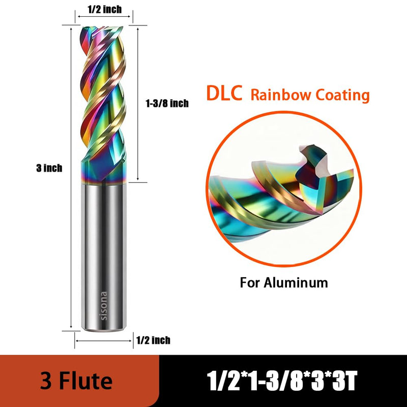 1/2" Carbide Square End Mill Bits for Aluminum - 1/2" Shank Dia,3'' Oal - 3 Flutes DLC Rainbow Coating - Durable 1/2 INCH
