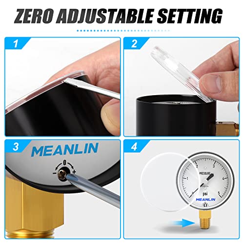MEANLIN MEASURE 0-5psi Diaphragm Type Capsule Low Pressure Gauge 1/4" NPT 2-1/4" FACE DIAL Adjustable Water Column Gauge, with 1/4" x 1/2" NPT and 1/4" x 3/8" NPT Hex Bushing, Lower Mount 0~5Psi