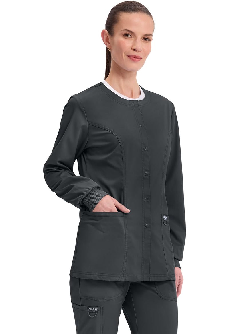 Cherokee Womens Scrub Jacket Nurse Snap Front Medical Uniform with Pockets, 2-Way Stretch, Easy Care Soft Fabric - WW310 Medium Black