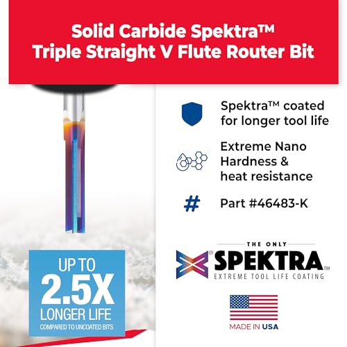 Amana Tool 46483-K Spektra Extreme Tool Life Coated Solid Carbide V-Flute Plastic Cutting Router Bit 1/4 D x 1 CH x 1/4 Shank x 2-1/2 Inch Long 1/4 D x 1 CH x 1/4 SHK x 2-1/2 Inch Long
