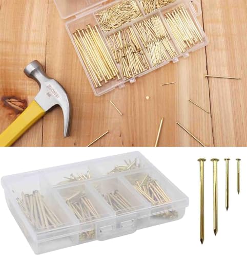 6 Sizes Gold Picture Hanging Nails Assortment Kit, 340Pcs Wall Hanging Set for Frame Art Photo, replacement Small Framing Nails Assorted Kit incl. iron Tweezer tool(Gold, Set2)