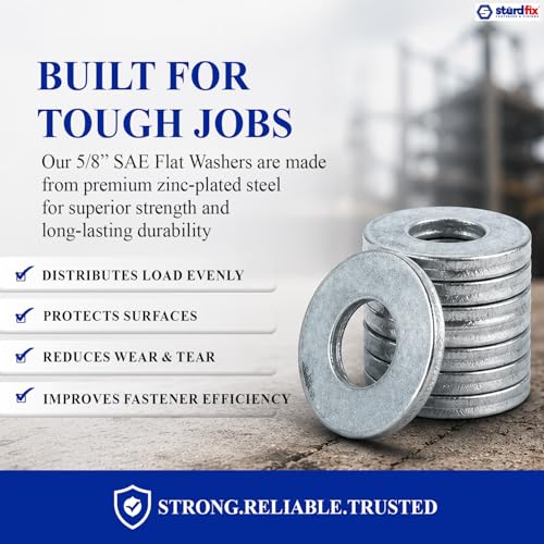 STURDFIX 5/8 Inch SAE Flat Washers, Zinc Plated Steel, Grade 2, Heavy Duty Metal Washers for Screws, Bolts, Nuts, Automotive, Decking, Fencing, Industrial, Construction Hardware – 25 Pack 5/8" SAE 0.656"