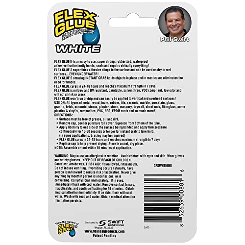 Flex Glue Rubberized Waterproof Adhesive, White, 0.75 oz Mini Tube, 3-Pack