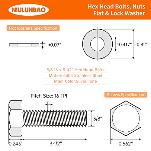 3/8-16 x 3-1/2" Hex Head Bolts Screws, Nuts, Flat and Lock Washers Assortment Kit, 304 Stainless Steel(18-8), Machine Fully Thread, Bright Finish 5Sets 3/8-16 x 3-1/2" (5Sets)