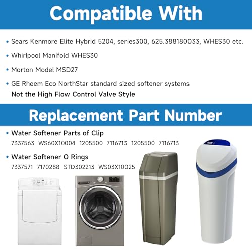 Water Softener Clip Kit Compatible with GE Kenmore Whirlpool Morton WHES30 M34 MSD27 Replace#: 7337563 7337571 7170288 7116713，15/16” O-Ring Kit and Fit 3/4” Valves