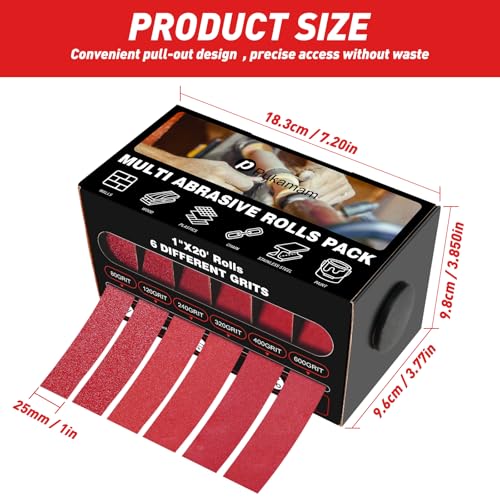 6 PCS Emery Cloth Roll 80-600 Grit 1" x 19.7' for Metal & Wood, 6m Each 6 Grits Pack (80/120/240/320/400/600)