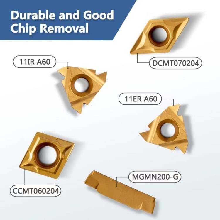 Carbide Lathe Tools - Lath Threading Bit Set 21pcs - 7pcs 3/8" Turning Holder Boring Bars & 14pcs Indexable Cutting Inserts Golden CCMT060204 DCMT070204 11IR A60 MGMN200G