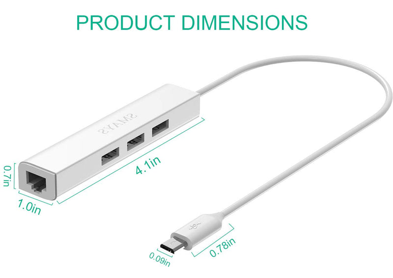 Ethernet Adapter for Chromecast Ultra/Audio/1/2 - with 3-Port USB Hub & Power Passthrough - Add Wired Internet, Thumb Drives & More - (Micro USB to RJ45)