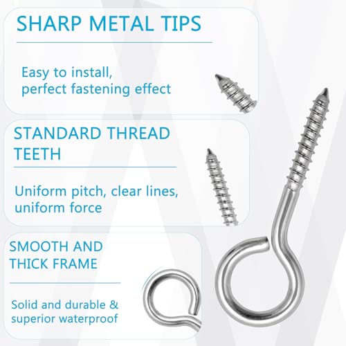 40 Pcs 2.6 Inch Heavy Duty Eye Screws Stainless Steel Eye Hooks,Metal Eye for Wood Bolts Screw in Hooks Self Tapping Eye Lag Eyebolt for, Indoor & Outdoor Use 2.6inch-40pcs