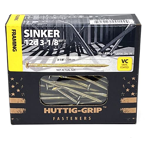 Huttig-Grip 3-1/8 inches Sinker Nails 12d for Construction Framing HGN12CSKR1 Vinyl Coated Finish, 1 lb Pack of 75 Nails 3-1/8 in -1 lb Pack