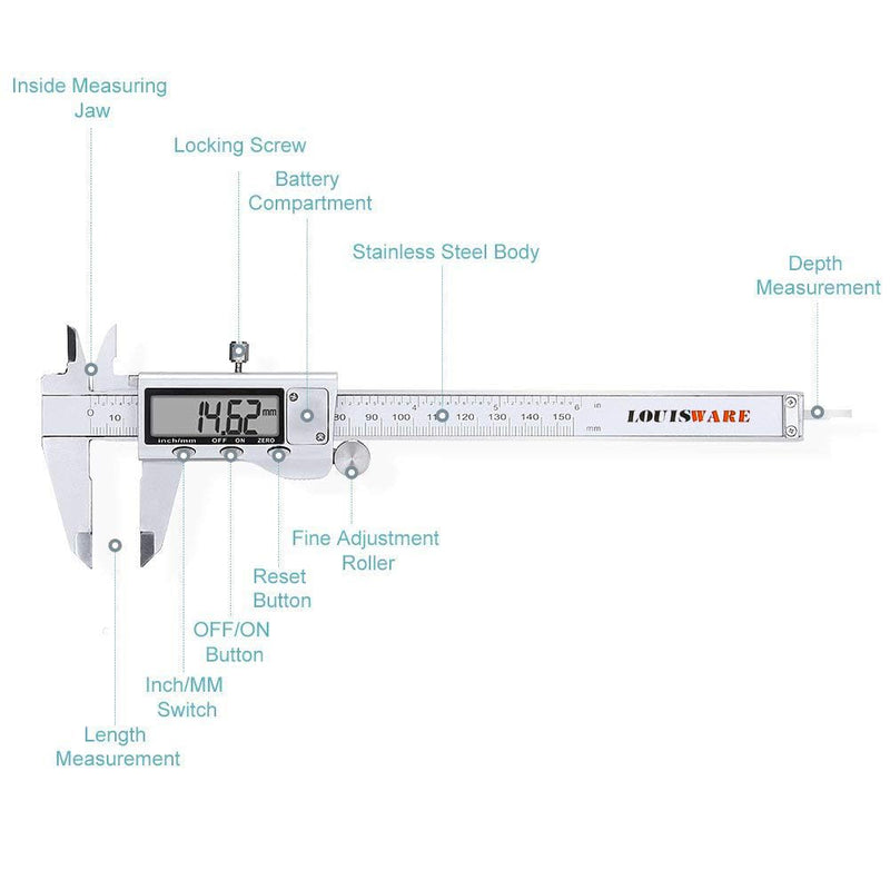Digital Caliper Measuring Tool, Stainless Steel Vernier Caliper Digital Micrometer with Large LCD Screen, 6 Inch Caliper Tool for DIY/Household, Auto-Off Feature, Inch and Millimeter Conversion RO-04