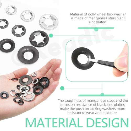 Keadic 211Pcs Dolly Wheel Lock Washers, 65Mn Steel Push On Dolly Wheel Lock Washer, Push Nuts for Dolly Wheel Lock Washers Axle Push Nuts for Automotive M3 M4 M5 M6 M8 M10 M12 NO.3