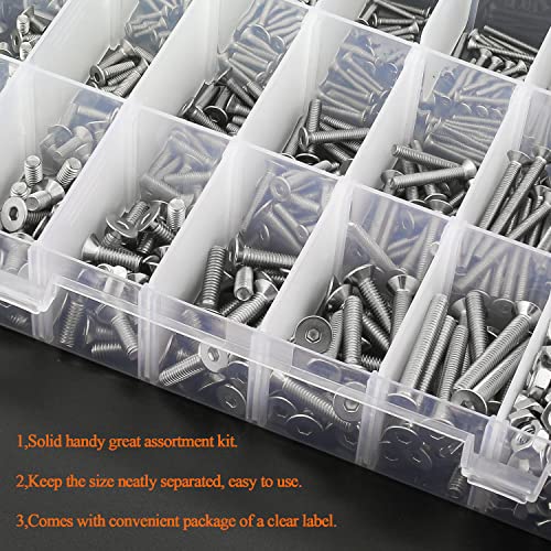 HELIFOUNER 1500 Pieces M2 M3 M4, 304 Stainless Steel Countersunk Head Socket Cap Metric Screws Bolts Washers Nuts Hardware Assortment Kit with Hex Wrenches