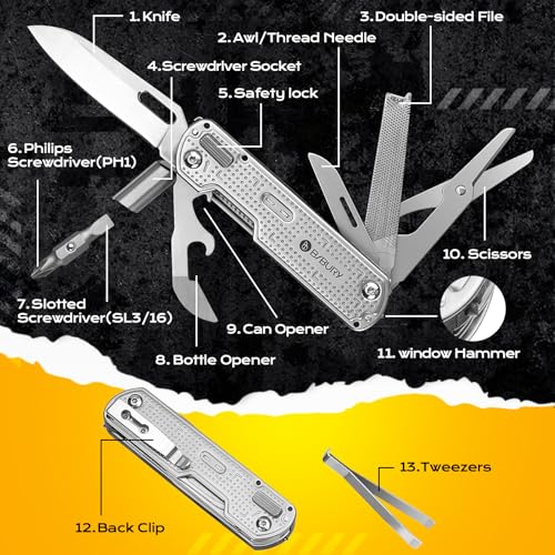 BIBURY 13-in1 Multitool Pocket Knife with Clip & Large Scissors, Locking