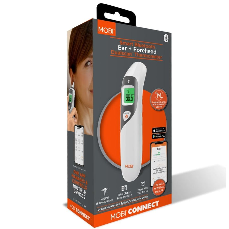 MOBI Connect Ear and Forehead Thermometer with Fever Indicating Light, Infant and Adult Mode, Smart App Integration, Batteries and Carrying Case Included