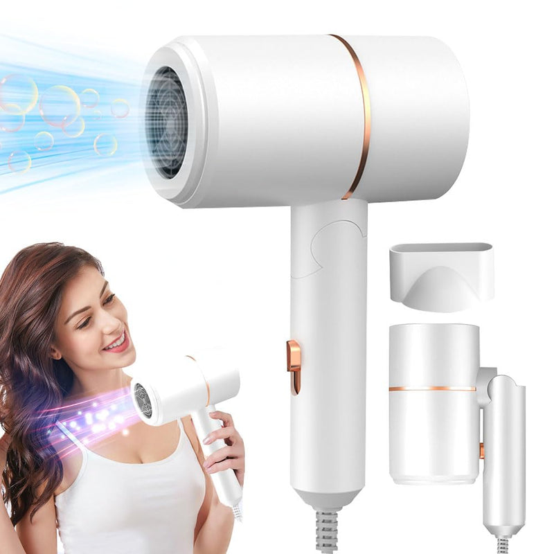 Hair Dryer Travel, Foldable Hair Dryer, Ionic Hairdryer Lightweight with 2 Heat and Cool Button, Silent Hairdryers for Women with 1 Concentrator, Small Hair Blow Dryer for Women White