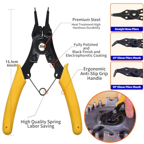 250Pcs c clips Internal Retaining Rings Snap Rings Assortment Kit Circlip Alloy Steel(M8-M20) + 4-in-1 Snap Ring Pliers with 3 Extra Convertible Jaws Manganese Steel 250-pc C-Clips(Internal)+Pliers