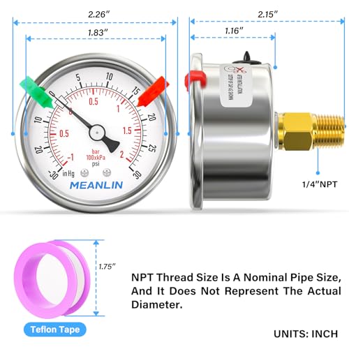 MEANLIN MEASURE -30inHG~30Psi Vacuum Gauge Stainless Steel 1/4" NPT 2" FACE DIAL Waterproof for Air Compressor HVAC Negative Pressure Hand Pump Pool Center Back Mount (with 2PCS Snaps) -30inHG-30Psi