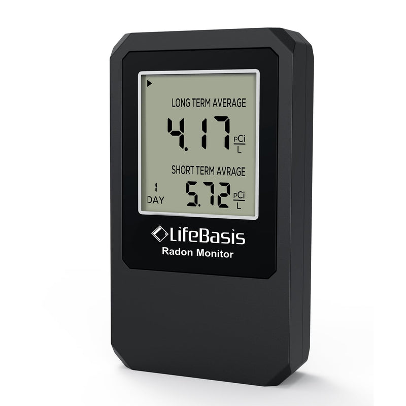 LifeBasis Radon Detector, Radon Test for Home with Long and Short Term Radon Meter, Home Radon Gas Monitor US Version-pCi/L (Update Version, Matte Black)