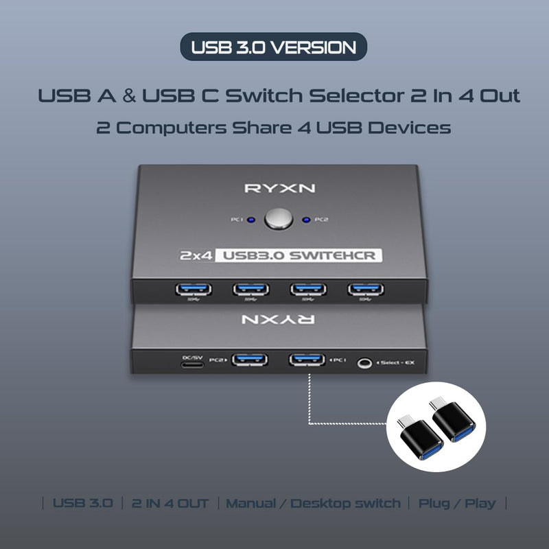 USB Switcher 2 Computers, USB C Switch 2 Computers Share 4 USB 3.0 Devices, with 1 Desktop Controller, 2 USB 3.0 Cables, 2 USB C Adapter
