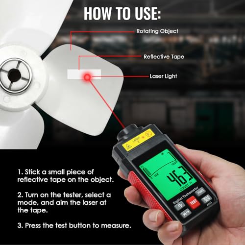 Digital Laser Tachometer High-Precision Non-Contact Tachometer 10-99,999RPM Handheld Professional RPM Meter with Reflection Tape, MAX/MIN/AVG, Photoelectric Sensing, Large LCD Backlight Data Hold