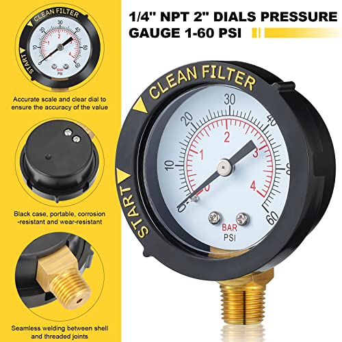  [AUSTRALIA] - Weewooday 2 Pcs Pool Filter Pressure Gauge 0-60 PSI, 2" 1/4" NPT Brass