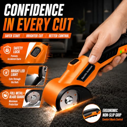 Cordless Electric Scissors with 3 Tungsten Steel Blades, 2500mAh Battery, LED Light, High-Torque Motor, Cardboard Cutter for Fabric, Cardboard, Leather, Carpet, Wire Rope Cutters Gold Orange