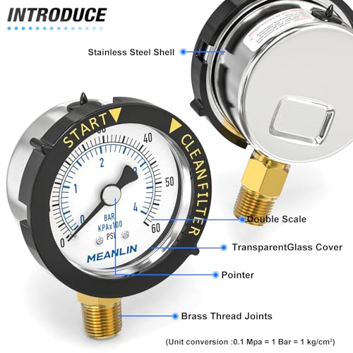 MEANLIN MEASURE 0~60Psi Stainless Steel Start and Clean Filter Pressure Gauge 1/4" NPT Waterproof for Pool Filter Pump Swimming Pool, Spa Lower Mount with Rotatable Plastic Frame and Hex Bushing With adapter
