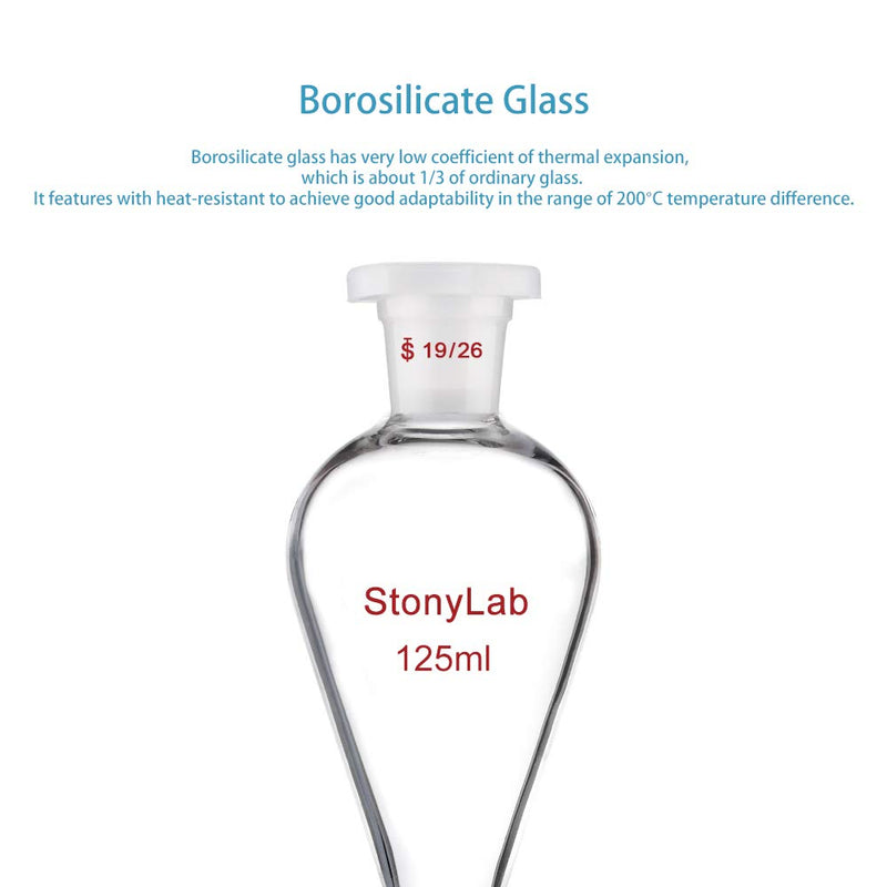 stonylab Borosilicate Glass 125 ml Heavy Wall Conical Separatory Funnel with 19/26 Joints and PTFE Stopcock, 125 ml 125.0 milliliters 1 Sep-Funnel-Glass-1PK-125mL