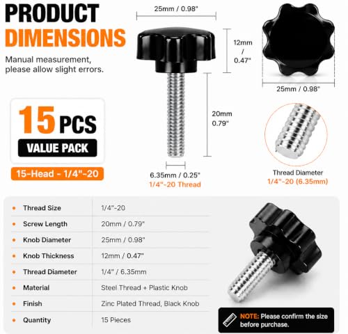 15PCS 1/4"-20 Black Star Knobs, Threaded Thumb Screw Handles