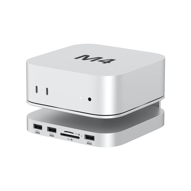 Akyyajaure Mac mini Hub: 9 in 1 Aluminum Stand & Dock for Mac mini M4 Pro with M.2 NVMe SSD Enclosure, 10Gbps USB-A*2, SD/TF Card Readers, USB 2.0 MC60