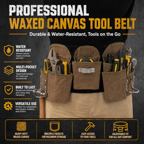 Waterproof Waxed Canvas Tool Belts for Men with 19 Pockets, Tear-resistant