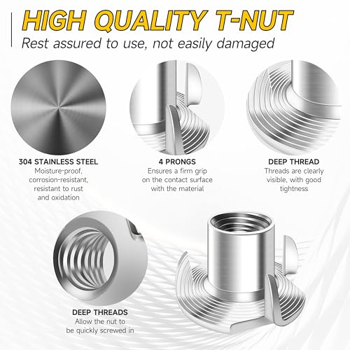 100Pcs 1/4-20 Nut, 304 Stainlee Steel 1/4 20 Nut Hardware Nuts, 4-Pronged Tee Blind Nuts Threaded Insert T Nuts 1/4-20" for Wood Working, Funiture, Rock Climbing Holds, Cabinet by Mywish 1/4"-20 Silver (304 Stainless Steel)