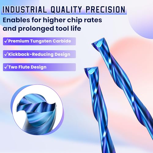 HQMaster CNC Router Bits 1/8" Shank 1/16" Cutting Dia. CNC Bit End Mill Flat Nose Carbide Endmill Two Flute Spiral Upcut Milling Cutter Tool Set for Wood PVC MDF Hardwood 10Pcs