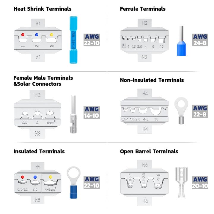 haisstronica 6 in 1 Crimping Tool Kit, Professional Ratchet Wire Crimper with 6 PCS Interchangeable Dies for Heat Shrink, Non-Insulated,Ferrule,Open Barrel,Insulated Connectors, Men Tool Gifts
