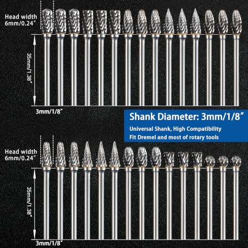30Pcs Carbide Burr Set 1/8" Shank Compatible with Dremel Rotary Tool 30PCS, 1/8” Shank