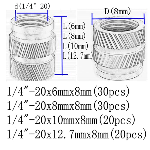 100pcs Brass Threaded Inserts, 1/4"-20 Heat Set Insert Kit for 3D Printing 1/4"-20 Kit-100pcs